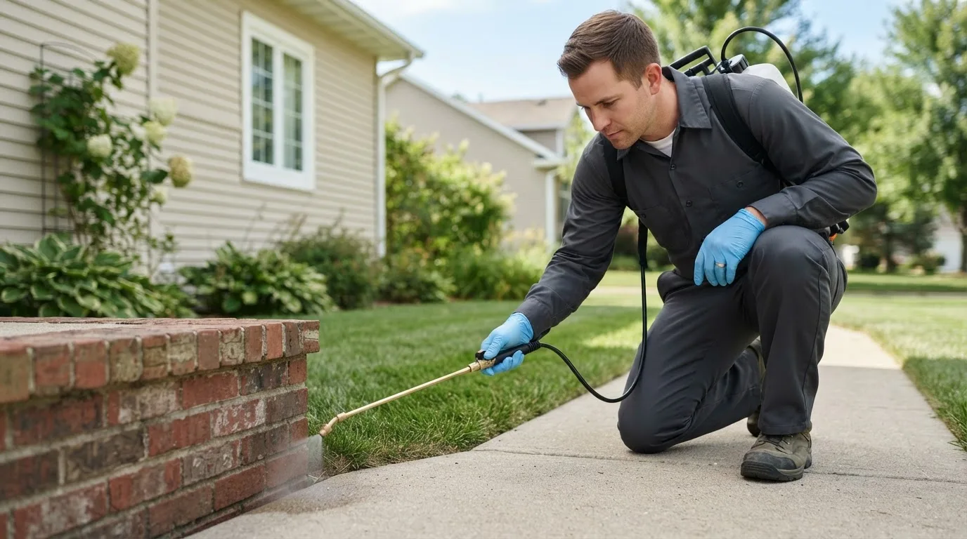 Pest control technician treating a home near Kittery Point, ME