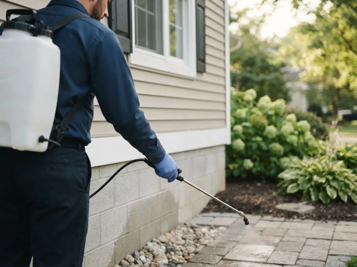 Pest control technician inspecting a home in Kittery Point, ME